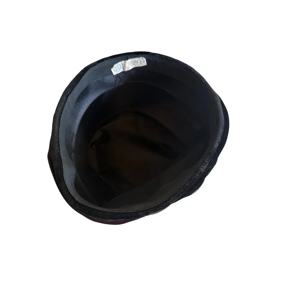 Vintage Pillbox Hat Black Velvet Burgundy Satin Draped Union Made Retro 50s 60s - Picture 5 of 7